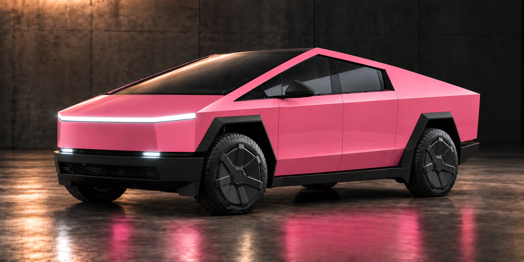 Pink Tesla Cybertruck with angular wheel covers, illuminated light bar and headlights in the original concrete studio