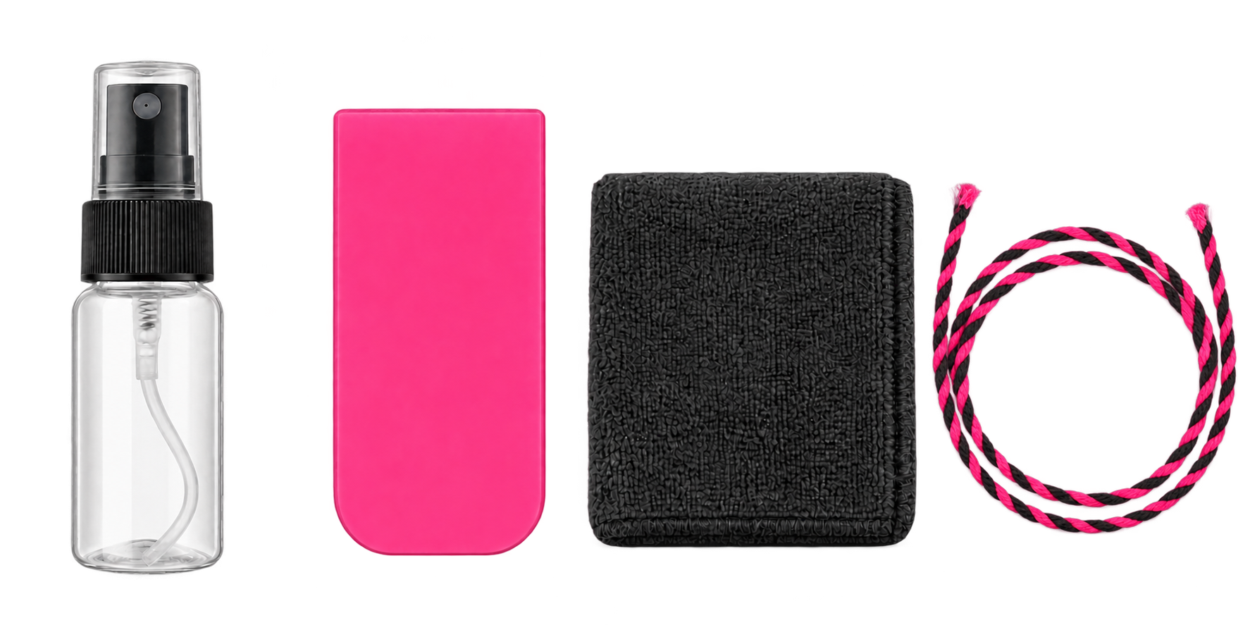 One clear mist sprayer, one small pink squeegee, one folded black microfiber towel, and one black-and-pink braided soak rope